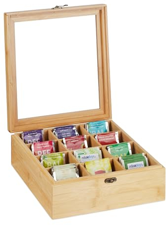Relaxdays Teebox, 12 Fächer, Bambus, HxBxT: 9,5 x 26,5 x 28,5 cm, für Tee & Kaffeepads, Teebehälter mit Deckel, Natur