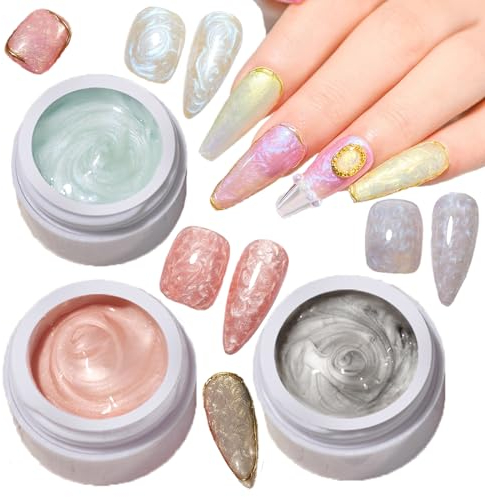 Pearl Shell Thread Gel Nail Polish,Glitter Mermaid Pearlescent Swirl Effect Chrome Nail Polish,3 Colors Shimmer White Pink Grey Drawing Soak Off LED UV Gel Polish Kit DIY Manicure for Home Salon