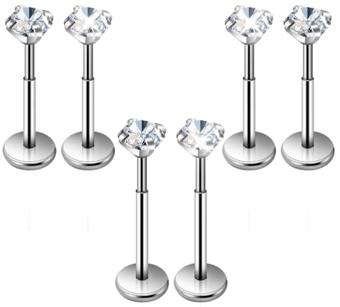 6Pcs Tragus Piercing Jewelry for Women Surgical Steel Flatback Stud Earrings, Threadless Push in Nose Rings for Cartilage Earring