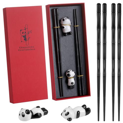 Hejo 2 Coppie di Bacchette Cinesi Riutilizzabili,Personalizzate Chopsticks con Riposo Panda in Ceramica,Bacchette per Sushi Ramen Riso,Lavabili in Lavastoviglie Bacchette per Regali(Nero)