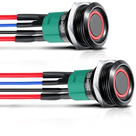 acegoo 19mm 12V Schalter Aluminium Druckschalter Rund 10A EIN/AUS SPST 12V/24V Taste vorverdrahtete Kabel für Wohnmobil Boot LKW Auto, Rotes Ringlicht (2Pcs, Schwarz)