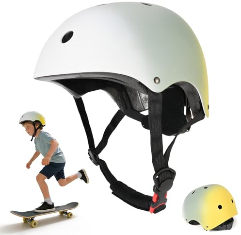 Casco per bambini regolabile, casco da bicicletta per bambini resistente agli urti e agli impatti, 11 prese d'aria, imbottitura in schiuma (Bianco & Il grigio e giallo., S (51-55 cm))
