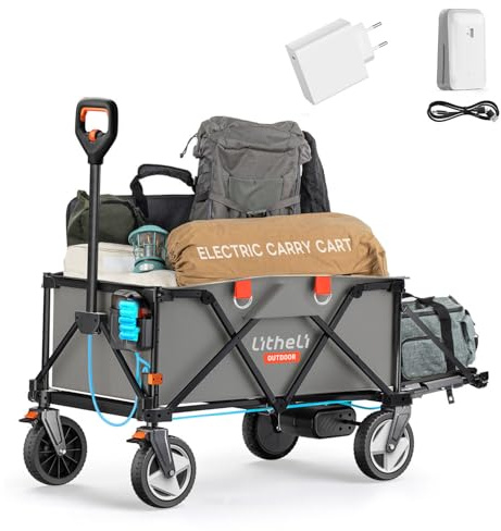 LiTHELi Carrello Elettrico Bollerwagen Pieghevole, Carrello a Mano Pieghevole con Motore & Freni, 200L 60KG Adatto per Campeggio, Giardino, Spiaggia, Shopping (Grigio, V140i & Caricabatterie)