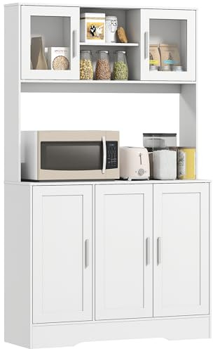 HOMCOM Alacena de Cocina, Mueble Auxiliar de Cocina con 2 Puertas de Vidrio, Encimera Amplia para Microondas, Compartimentos Abiertos, Estantes Ajustables, 108x35x180 cm, Blanco