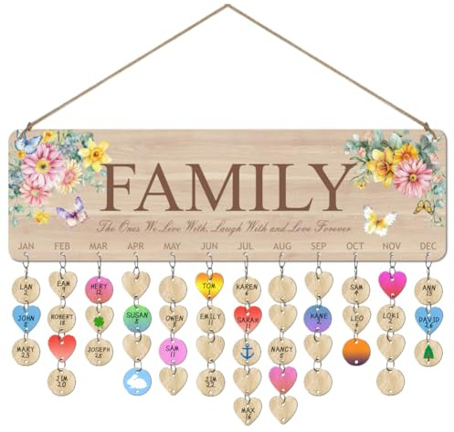 arricraft Calendrier de rappel d'anniversaire en bois, 40x12cm / 15.7 x4.7 Plaque en bois de rappel d'anniversaire de fleurs d'aquarelle avec 100pcs Étiquettes pour bricolage