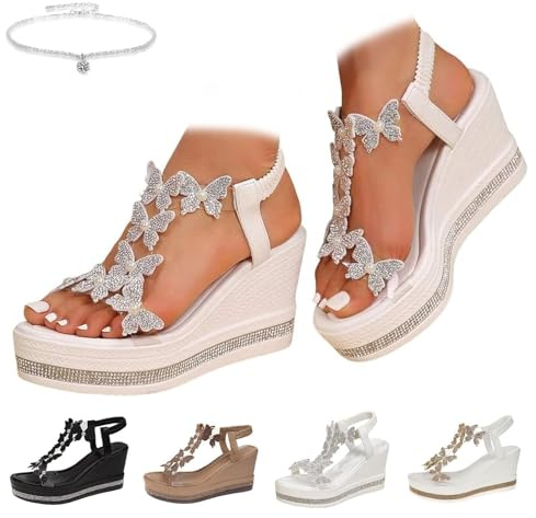 Sandalias de mariposa para mujer 2026, tacones de cuña con puntera abierta y plataforma de diamantes de imitación, suela gruesa, correa elástica transparente, sandalias bohemias de punta abierta para