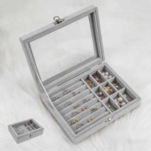 Earring Storage Organiser, Earring Box Storage Organiser with 9 Grids + 1 Large Grid 7-Layer Sponge, Jewellery Organiser Earring Holder Gift Box – Compact Earring Jewellery Box Grey (20x15x5cm)