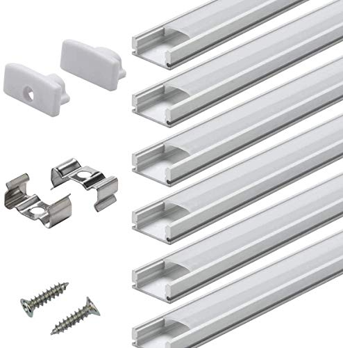 Perfil de Aluminio LED - 6x1metro Perfil Aluminio con Forma de U Para Tira de LEDs, Acabado Profesional Compacto con Cubierta de Color Blanco Lechoso, Tapas, Clips de Montaje de Metal