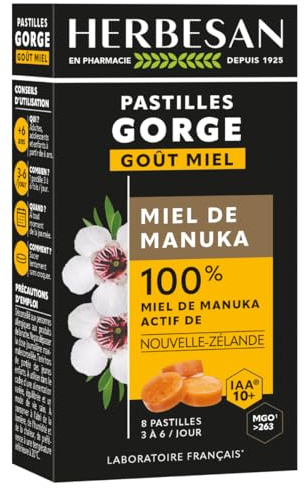 HERBESAN®-PASTILLES MIEL DE MANUKA ACTIF-IAA10+(MGO263+)-Origine Nouvelle-Zélande garantie- Réconfort de la gorge- Boite de 8 pastilles