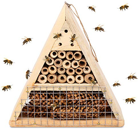 Mason Bee House - Handmade USA Natural Elderberry Bee Hotel - Bee Hive Attracts Peaceful Bee Pollinators to Enhance Garden Productivity