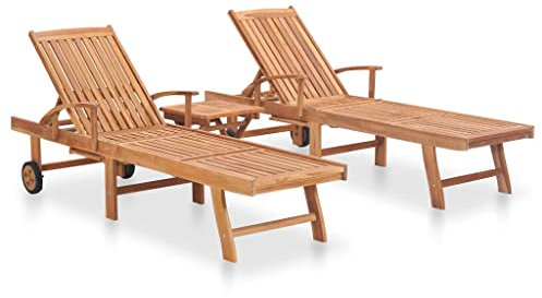 vidaXL Lot de 2 Chaises Longues avec Table, Bain de Soleil, Transat de Terrasse, Siège de Jardin Patio Extérieur, Bois de Teck Solide
