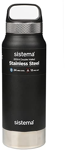 Sistema Hydrate Stainless Steel Water Bottle | 650 ml | BPA-Free | Double Wall Vacuum Insulated Metal Water Bottle | Keeps Liquid Hot (12 Hours) & Cool (24 Hours) | Assorted Colours