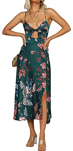 Fashionme Women Spaghetti Strap Midi Satin Dresses Tie Front Backless Slit Cutout Dress Semi-Formal/Casual Flowy Lightweight Sundresses Slit Semi-Formal/Casual Wedding Guest Beach Cocktail Dark Green