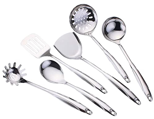 Abcsea 6 Stück Kochbesteck Edelstahl Kochset, Kochlöffel set Servierlöffel Edelstahl, Küche Wender, Edelstahl Küchenspatel, Geschlitzter Löffel, Küchenhelfer-Set, Hohlgriff