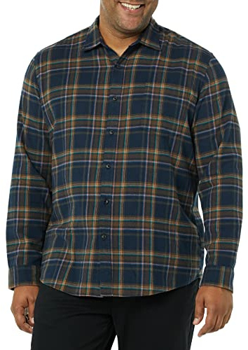 Amazon Essentials Men's Long-Sleeved Flannel Shirt, Brown Dark Navy Plaid, XXL
