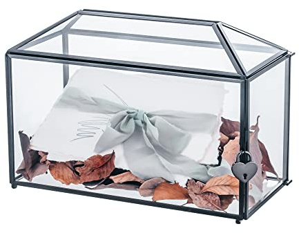 NCYP 32 x 15 x 23 cm stor låda för bröllopsglas med spår och hjärtlås, mässing svart geometrisk terrariebox för födelsedagar festmottagningar, minnessak, önskebrunn (endast glaslåda och lås)