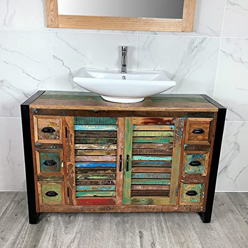 Wooden Bathroom Vanity with Sink and 6 Drawers - Double Door Bathroom Sink Cabinet Wash Basin - Urban Chic Single Vanity Unit with Chromed Mixer Tap - Large Rectangle Bowl (IRF02BCB016)