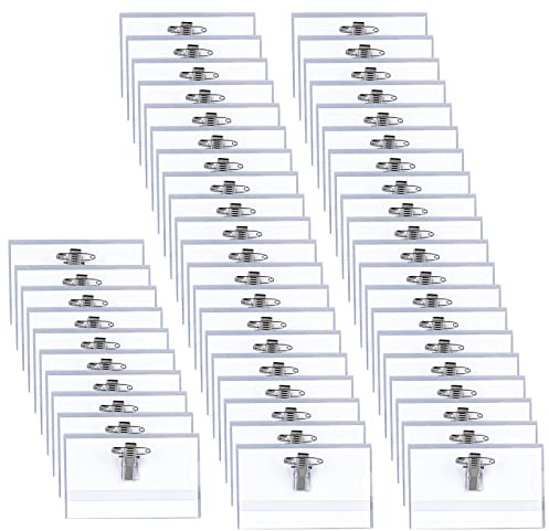 Vegena 50 Pezzi Porta Badge Plastica con Clip, Porta Tesserino con Clip, Porta Badge Orizzontale con Clip, Badge Portanome Trasparente con Clip e Spilla per Scuole, Conferenze, Ufficio, 90 × 56 mm