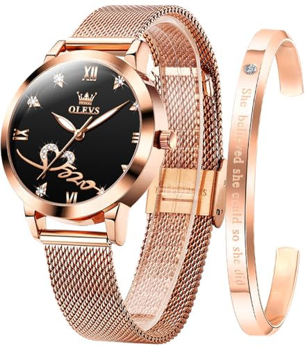 OLEVS Damen Armbanduhr Roségold Herz Diamant Quarzwerk Mädchen Damen Armbanduhr Schwarzes Gesicht Mesh-Gürtel Uhr Armband Geschenk zum Valentinstag