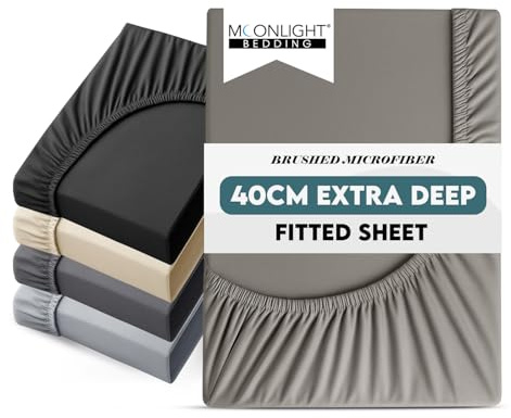 Moonlight Bedding Double Fitted Sheet 40 Cm Extra Deep Pocket Grey Bed Sheets 16 inch Ultra Soft Bottom Sheet Brushed Microfiber Breathable Shrinkage and Fade Resistant
