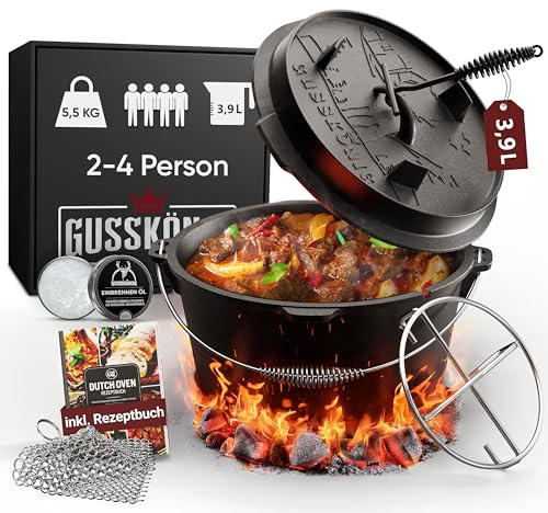 GUSSKÖNIG Essential Line Dutch Oven Set 3,9 Liter [für 2–4 Personen] – Eingebrannter Feuertopf ohne Füßen, inkl. praktischem Deckelheber, Ringreiniger, Pflegepaste & Rezeptbuch – 30 Jahre Garantie