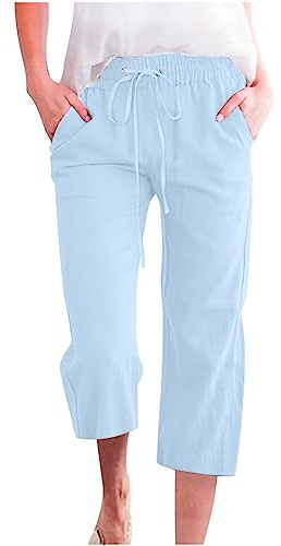 oglccg Womens Capris Trousers 3/4 Pants Cotton linen Elastic High Waist Cropped Drawstring Summer Autumn Solid Color Pockets Loose Straight Wide Leg Outdoor Plus Size 8-82 Light Blue