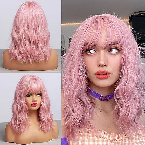 Pastel Wavy Bob 'Wig' - Human Hair Short Wave Pink 'Wig' With Bangs 12 'Wigs' For Women Cosplay - Shoulder Length For Girl