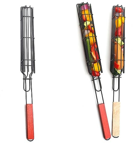 2 Stück Grillkörben Hoshiy Grilling Skewers Antihaft-Grillwerkzeug Edelstahl Kebab Camping Grillgabel Wiederverwendbar Einfach Praktisch Spieße für Fleisch, Kabobs, Gemüse, Garnelen, Meeresfrüchte