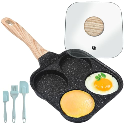 Cresbel Padella per uova fritte con coperchio: pancake a 4 fori con spazzola per olio e spatola, padella per colazione a induzione, padella antiaderente in alluminio per uova fritte pancake, salsicce,