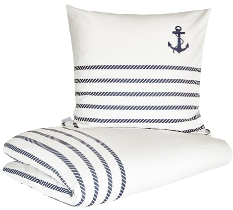 Zeitgeist Cuxhaven Bettwäsche 135x200 cm - 100% Baumwolle, Reißverschluss, 2 TLG Bettwäsche Set Maritim Anker weiß blau