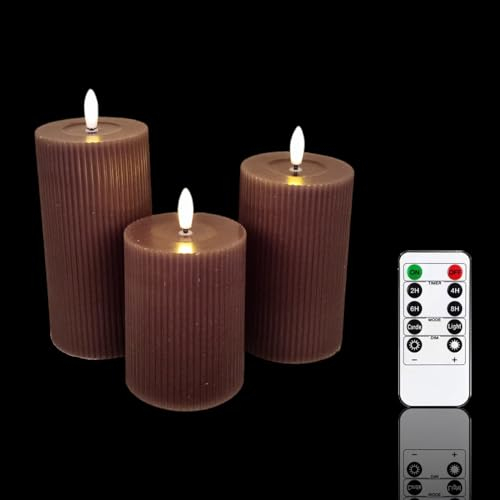 Meisterhome® 3er-Set Flammenlose LED Kerzen - Braun - Ribble Design Stumpenkerze - mit Fernbedienung – mit Timer - Batteriebetrieben – Warmweiß - 10/12,5/15 cm hoch - mit flackernder Flamme