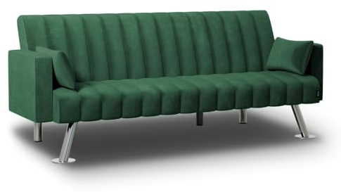 Nalui - Sofá Cama 3 Plazas Acolchado 210x80x79cm One Lines, 2 Cojines y Apertura Clic-Clac con Reclinación Ajustable. Sofá Cama Chaise Longue Aterciopelado Convertible en Cama Doble | Verde
