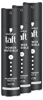 Schwarzkopf Taft Haarspray Power Invisible (3x 250 ml), Haltegrad 5 Haarstyling, Haarspray für alle Haartypen, Nicht klebend und ohne zu beschweren, Vegane Formel*