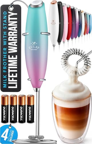 Zulay Kitchen Potente varita espumadora de leche con 4 pilas AA Duracell, mezclador de bebidas de mano ultrarrápido, batidor eléctrico de espuma para café, lattes, capuchino, matcha y crema, rosa
