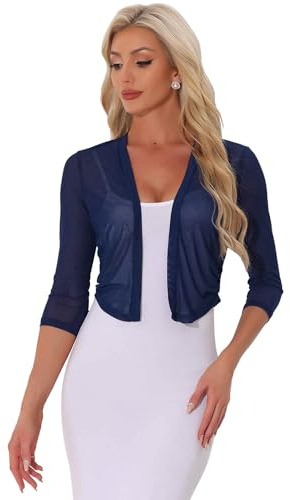 Allegra K Donna Coprispalle Elegante Bolero in Chiffon Trasparente Maniche A 3/4 Cardigan in Rete Giacca Corta Estivo Blu Scuro M