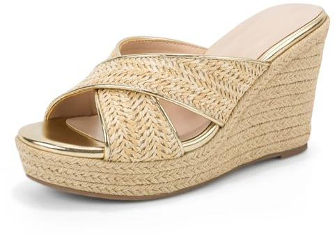 Mezent Women's Wedge Slides - Espadrilles Raffia Sandals - Summer Open Toe Platform Slip On High Heel Casual Beach Comfortable Slippers, Apricot Size 8.5