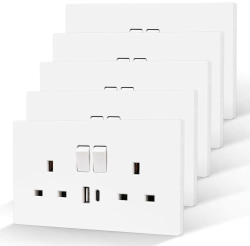 5 Pack CNBINGO USB Type C Double Socket, 20W Max Fast Charging, Double Switched Socket with 20W PD USB C and A, Electric Power Sockets 2 Gang 13 Amp, White Double Wall Outlet