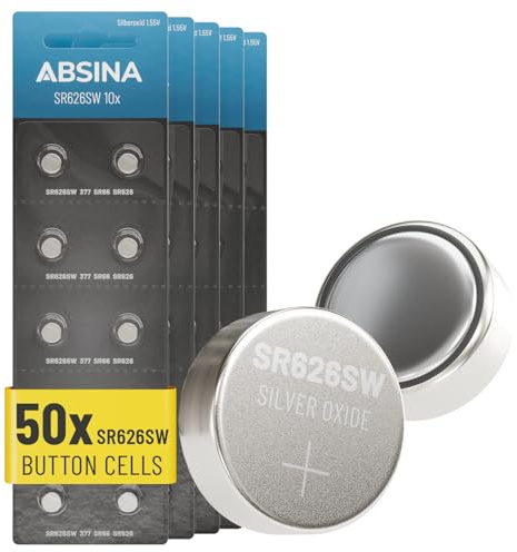 ABSINA 50-pack SR626SW klockbatteri 1,55 V silveroxid – 377 SR66 626 AG4 | Knappceller SR626SW läckagesäker och lång hållbarhet – batteri SR 626 SW – klockbatterier knappcell