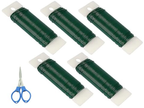 Anlising Fil Floral Galvanisé, 5PCS Fil de Jardinage pour Fixer Plantes, Envoyer des Ciseaux, 0.7MM x 35M, Fil à Lier Les Fleurs Vert, Fil de Fer pour Fleurs, pour Bricolage, Jardinage (Vert)
