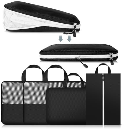 Cozary Set de 4 Bolsas de Compresión Doble Cara, 3 Bolsas Compresion Viaje 1 Bolsa para Zapatos, Compression Packing Cubes Organizador de Maletas para Viajes, Senderismo y Cruceros