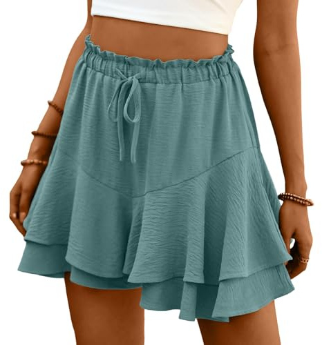 ABYOVRT Pantalones Cortos Mujer Pata Ancha Cordón Falda Pantalon Cintura Alta Shorts Mujer Verano Suelta Casuales,Verde,XL
