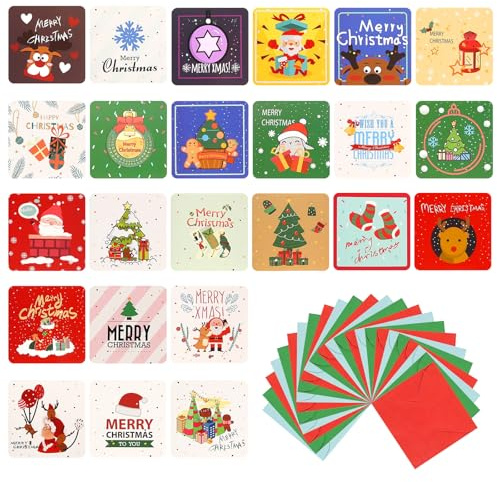 Juego de 24 tarjetas de Navidad, 7 x 7 cm, pequeñas tarjetas de Navidad con sobre, tarjetas plegables de Navidad con bonito patrón, tarjetas de felicitación en blanco para escribir, tarjetas postales
