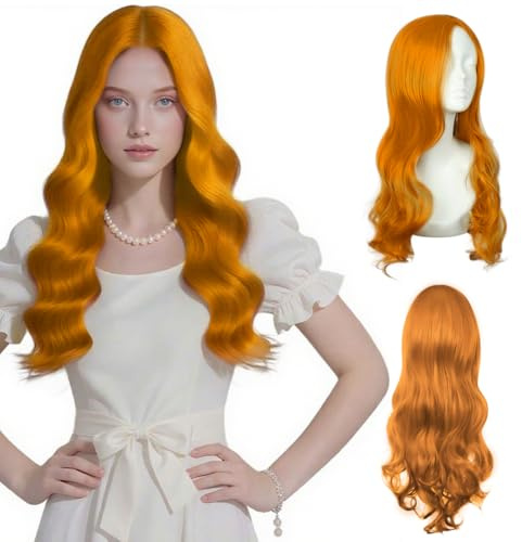 AUYAO Long Wave Wig for Women Synthetic Fiber Long Wavy Hair Wig Middle Part with No Bangs Curly Hair Wigs Fancy Dress Synthetic Hair for Party Costume Anime Halloween Christmas Carnival(Orange)