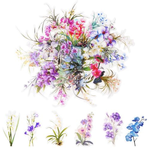 Alaoo Juego de Pegatinas Florales,150 Piezas Florales y Plantas Stickers,Pegatinas de Flores de Colores Transparentes para Journal,Scrapbooking, Manualidades,Álbumes, Artes