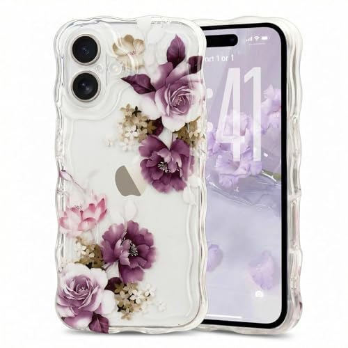 Micoden Cute Curly Wave Case for iPhone 17,Clear with Anti-Yellowing Flower Floral,Soft TPU Slim Bumper Shockproof Anti-Scratch Protective Wavy Cover for Girls Women-Purple