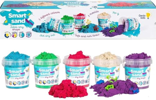 Genio Kids 750g de Sable Magique pour les Enfants Lot de 5 Couleurs de Sable avec 5 Moules dans les Seaux Réutilisables Jeu modeler Smart Jouet Créatif (Nouveau)