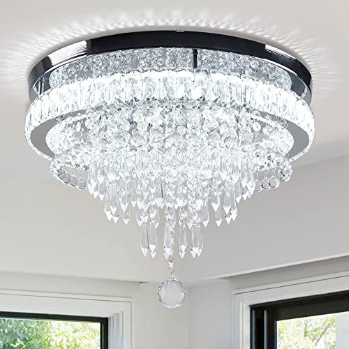 YPQXYHDA 19.7 Modern Crystal Ceiling Light Crystal Chandelier LED Flush Mount Ceiling Light Fixture for Living Room Bedroom Kitchen Hallway (White)