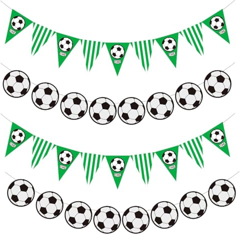 Guirnalda de Fútbol Decoración Fiesta Cumpleaños, 4 Piezas Banderines de Balón de Fútbol y Triangulares de Papel, Adornos para Eventos Deportivos y Fiestas Infantiles Temáticas