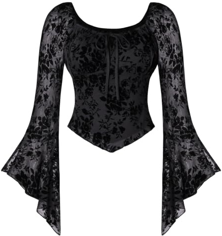 SCARLET DARKNESS Women Medieval Shirts Wrap Top Long Sleeve Gothic Clothes | Front Tie, Velvet Print, Slimming Shirt, 2026 Retro Elegant Blouse