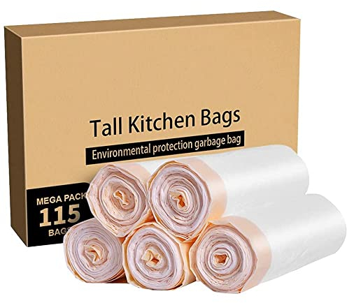 Meidong Bin Bags 50L Bin Liners, Drawstring Trash Bags Large Strong Unscented Universal Garbage Bags (5 Rolls, 115 Counts in All, 61cm X 70cm, 0.79min), White